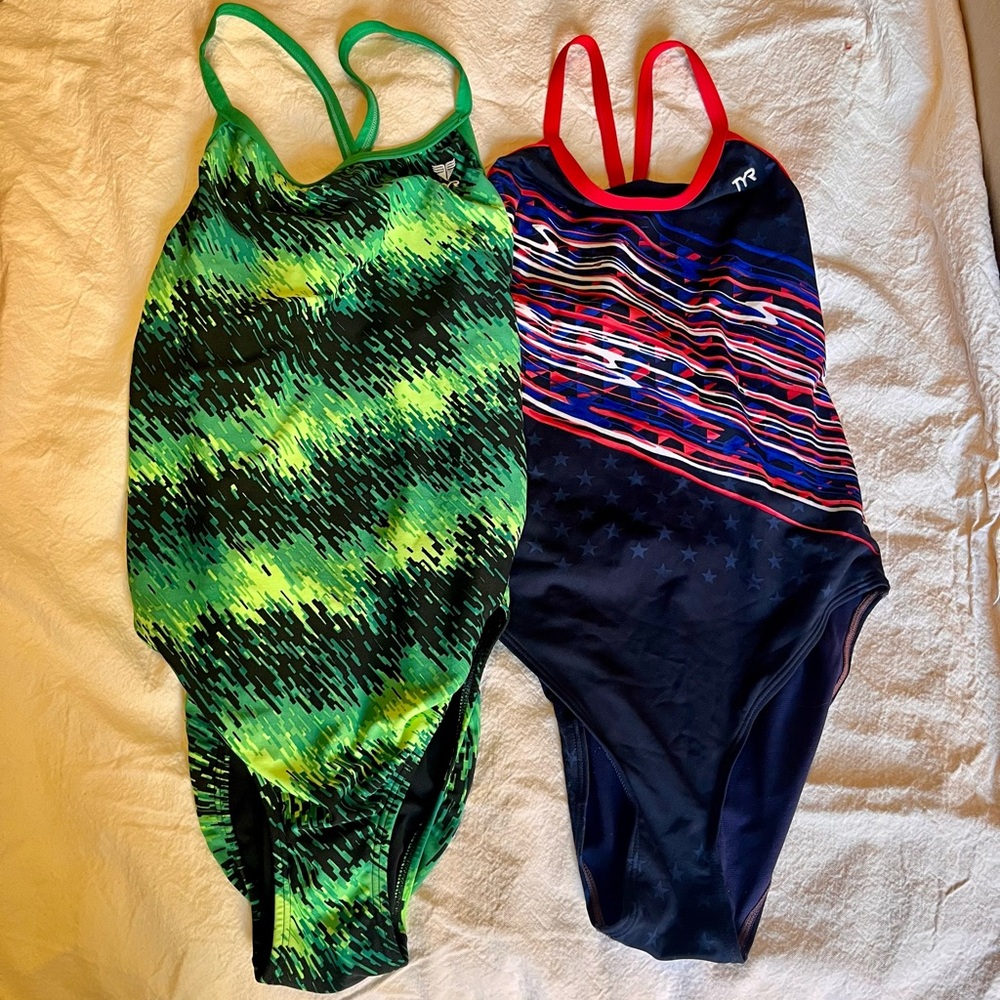 2 TYR Performance Swimsuits – Green Digital & USA Flag Print, Size 34